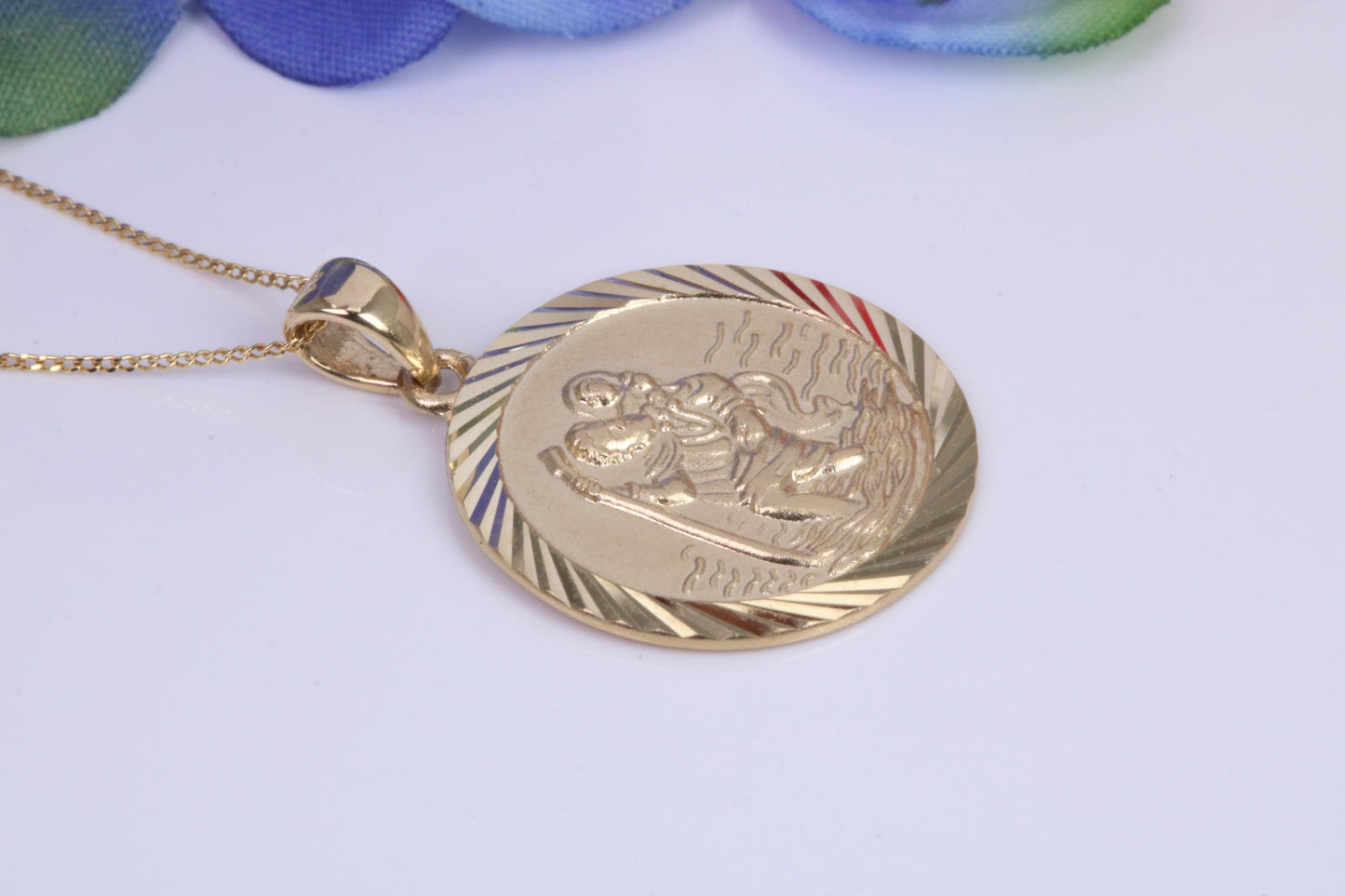 St Christopher Necklace Together with 16 Inch Long Chain, Made from Solid Yellow Gold, British Hallmark
