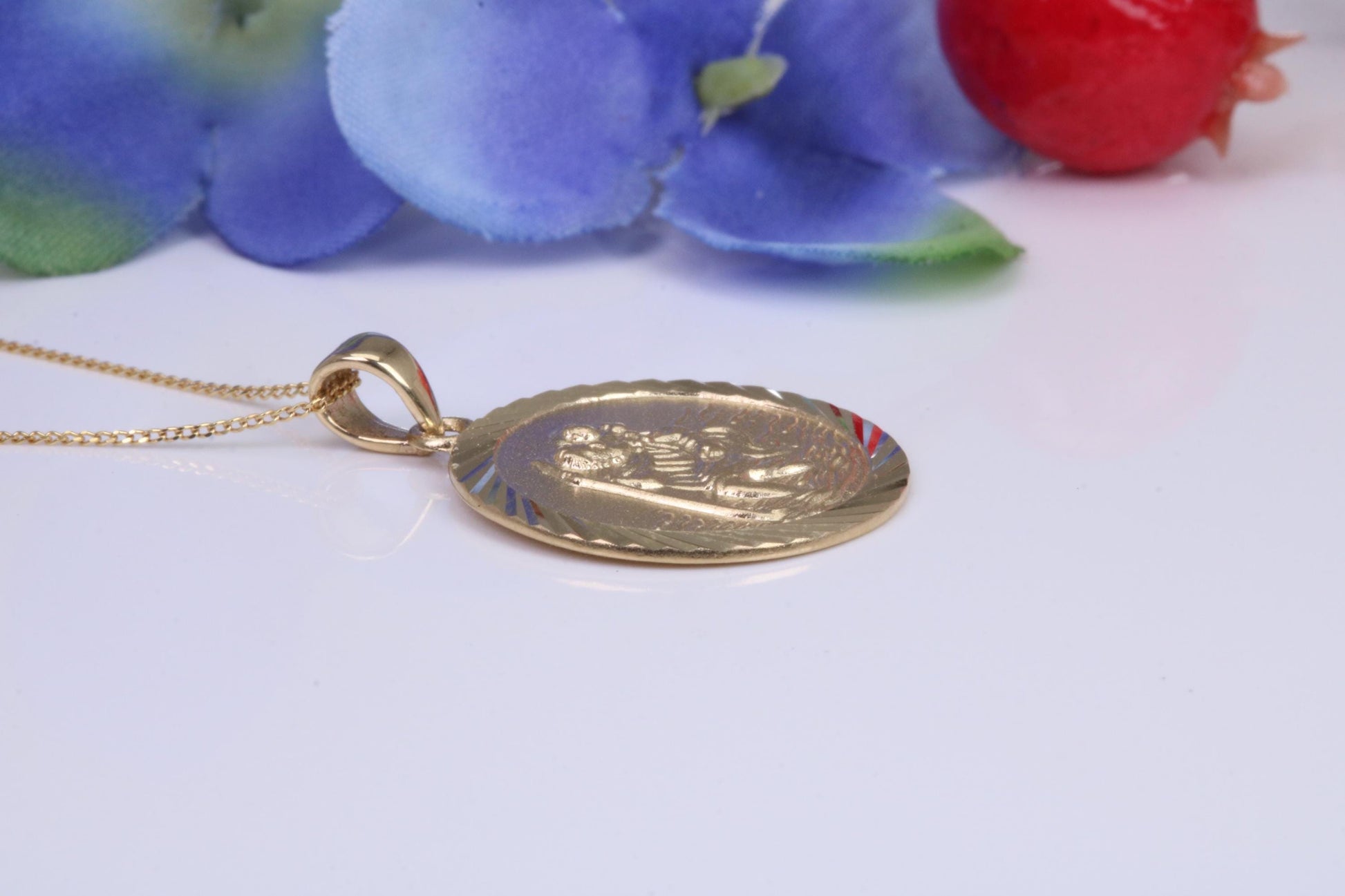 St Christopher Necklace Together with 16 Inch Long Chain, Made from Solid Yellow Gold, British Hallmark