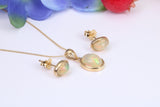 Natural Oval cut Opal set Stud Earrings with Necklace, Made from Solid Yellow Gold, With 16 Inch Long Chain