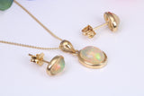 Natural Oval cut Opal set Stud Earrings with Necklace, Made from Solid Yellow Gold, With 16 Inch Long Chain