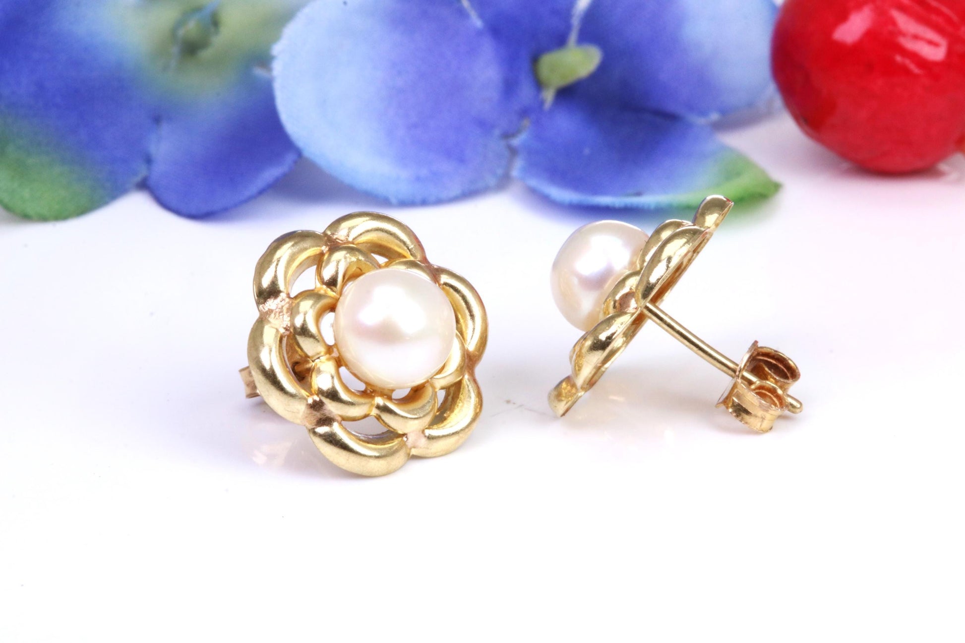 Real Pearl set Stud Earrings Made from 9ct Yellow Gold