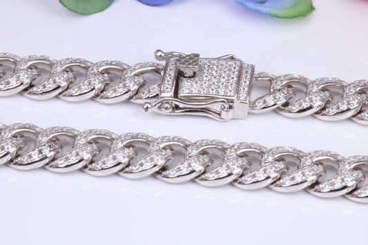 Gents heavy 22 inch Chain, Flat Diamond cut Cubic Zirconia set Curb Links, made from solid Sterling Silver, 22 Inches Long x 9 mm wide
