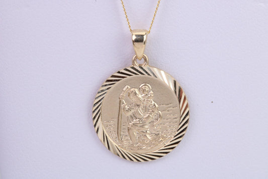 St Christopher Necklace Together with 16 Inch Long Chain, Made from Solid Yellow Gold, British Hallmark