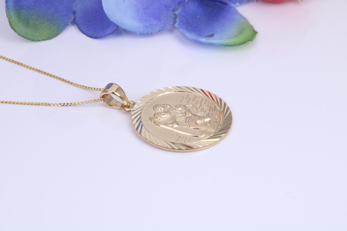 St Christopher Necklace Together with 16 Inch Long Chain, Made from Solid Yellow Gold, British Hallmark
