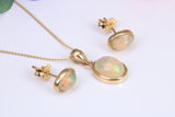 Natural Oval cut Opal set Stud Earrings with Necklace, Made from Solid Yellow Gold, With 16 Inch Long Chain