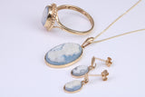 Beautiful Cameo set Dropper Earrings with Necklace and matching Ring, made from solid Yellow Gold, With 16 Inch Long Chain