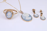 Beautiful Cameo set Dropper Earrings with Necklace and matching Ring, made from solid Yellow Gold, With 16 Inch Long Chain