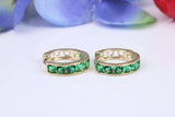10 mm round hinged hoop earrings, made from solid yellow gold and set with Emerald Green Cubic Zirconia