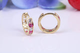 10 mm round hinged hoop earrings, made from solid yellow gold and set with Ruby and Diamond Cubic Zirconia