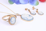 Beautiful Cameo set Dropper Earrings with Necklace and matching Ring, made from solid Yellow Gold, With 16 Inch Long Chain