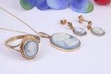 Beautiful Cameo set Dropper Earrings with Necklace and matching Ring, made from solid Yellow Gold, With 16 Inch Long Chain