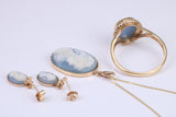 Beautiful Cameo set Dropper Earrings with Necklace and matching Ring, made from solid Yellow Gold, With 16 Inch Long Chain