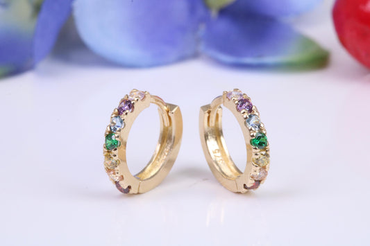 10 mm round hinged hoop earrings, made from solid yellow gold and set with Rainbow Coloured Cubic Zirconia