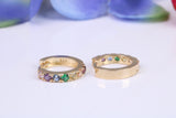 10 mm round hinged hoop earrings, made from solid yellow gold and set with Rainbow Coloured Cubic Zirconia