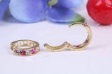 10 mm round hinged hoop earrings, made from solid yellow gold and set with Ruby and Diamond Cubic Zirconia