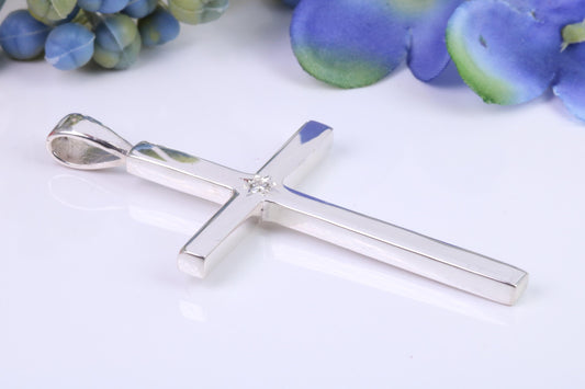 Natural Diamond set Very Large 50 mm Long Chunky Cross, High Polished Finish, Made From Solid Cast Silver, British Hallmarked