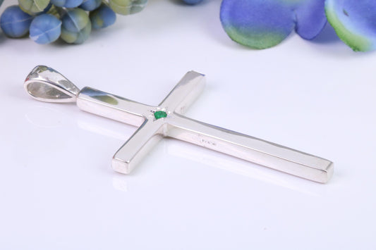 Natural Emerald set Very Large 50 mm Long Chunky Cross, High Polished Finish, Made From Solid Cast Silver, British Hallmarked