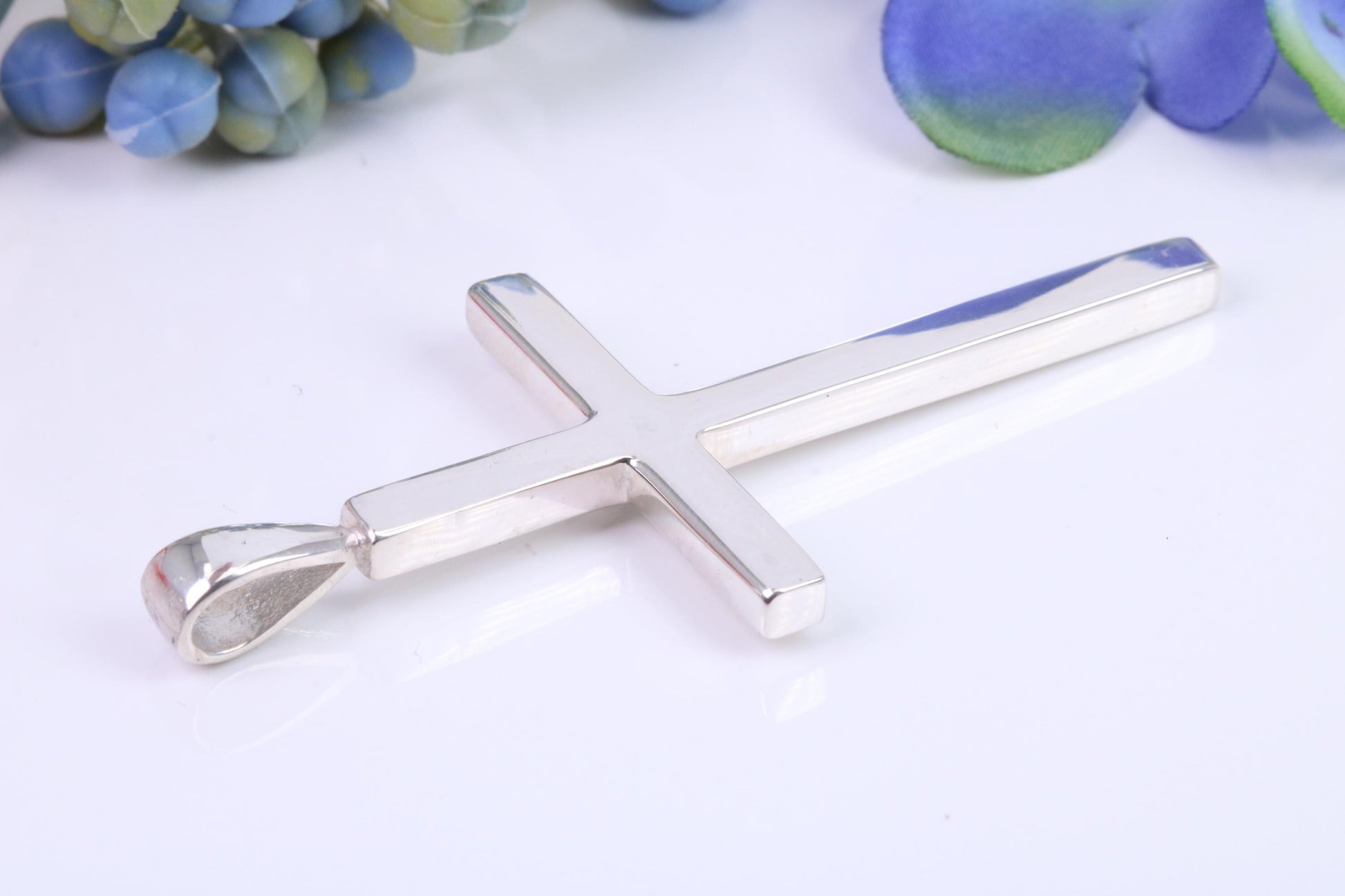 Natural Emerald set Very Large 50 mm Long Chunky Cross, High Polished Finish, Made From Solid Cast Silver, British Hallmarked