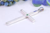 Natural Emerald set Very Large 50 mm Long Chunky Cross, Made From Solid Cast Silver, Complete with Silver Chain, British Hallmarked