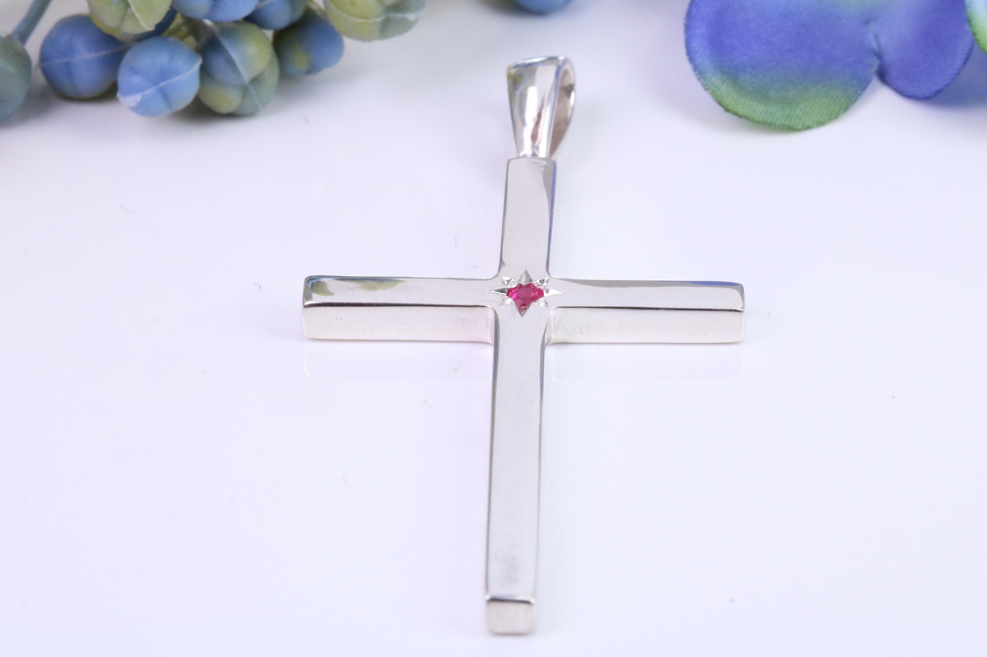 Natural Ruby set Very Large 50 mm Long Chunky Cross, High Polished Finish, Made From Solid Cast Silver, British Hallmarked