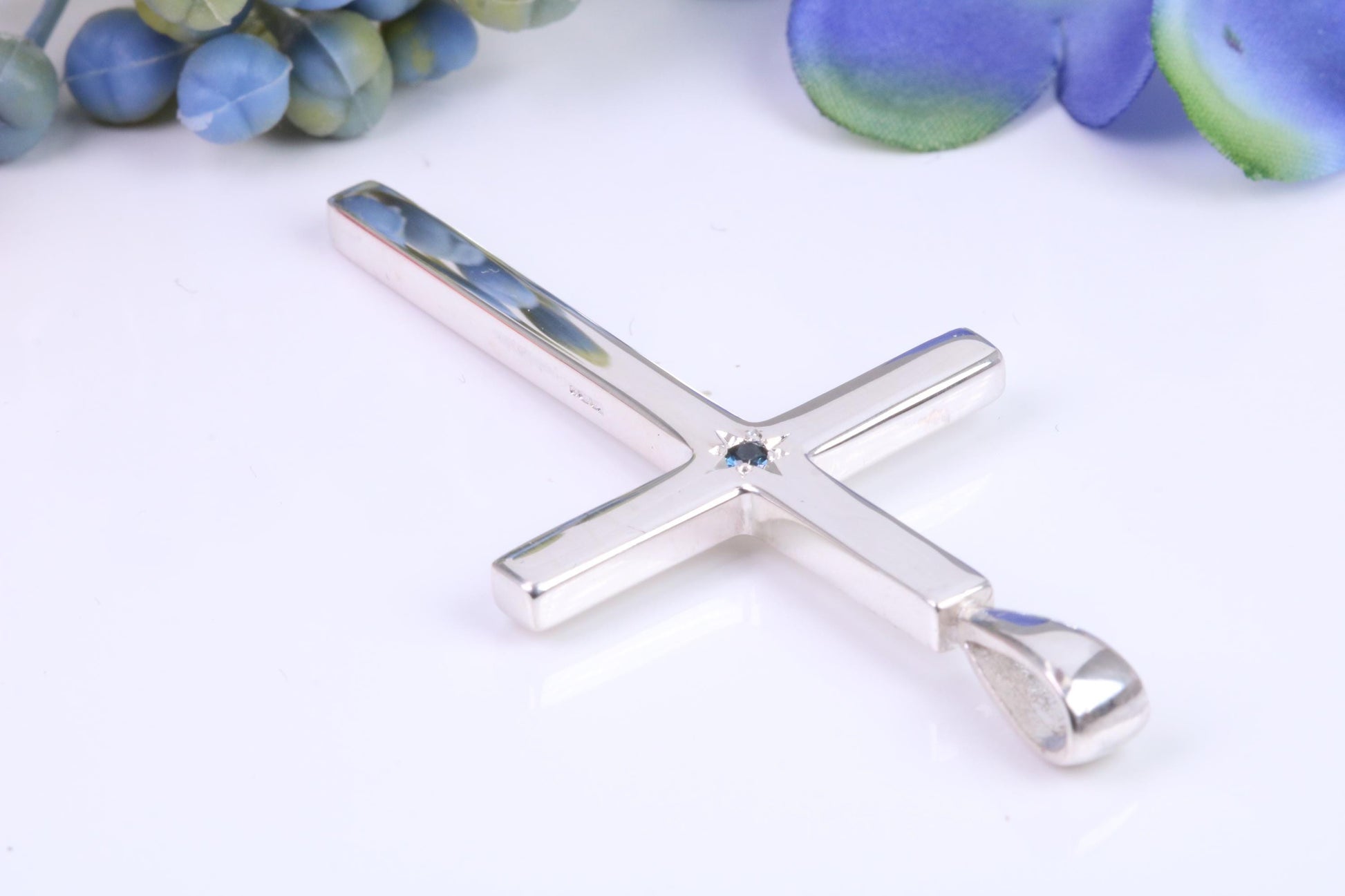 Natural Sapphire set Very Large 50 mm Long Chunky Cross, High Polished Finish, Made From Solid Cast Silver, British Hallmarked