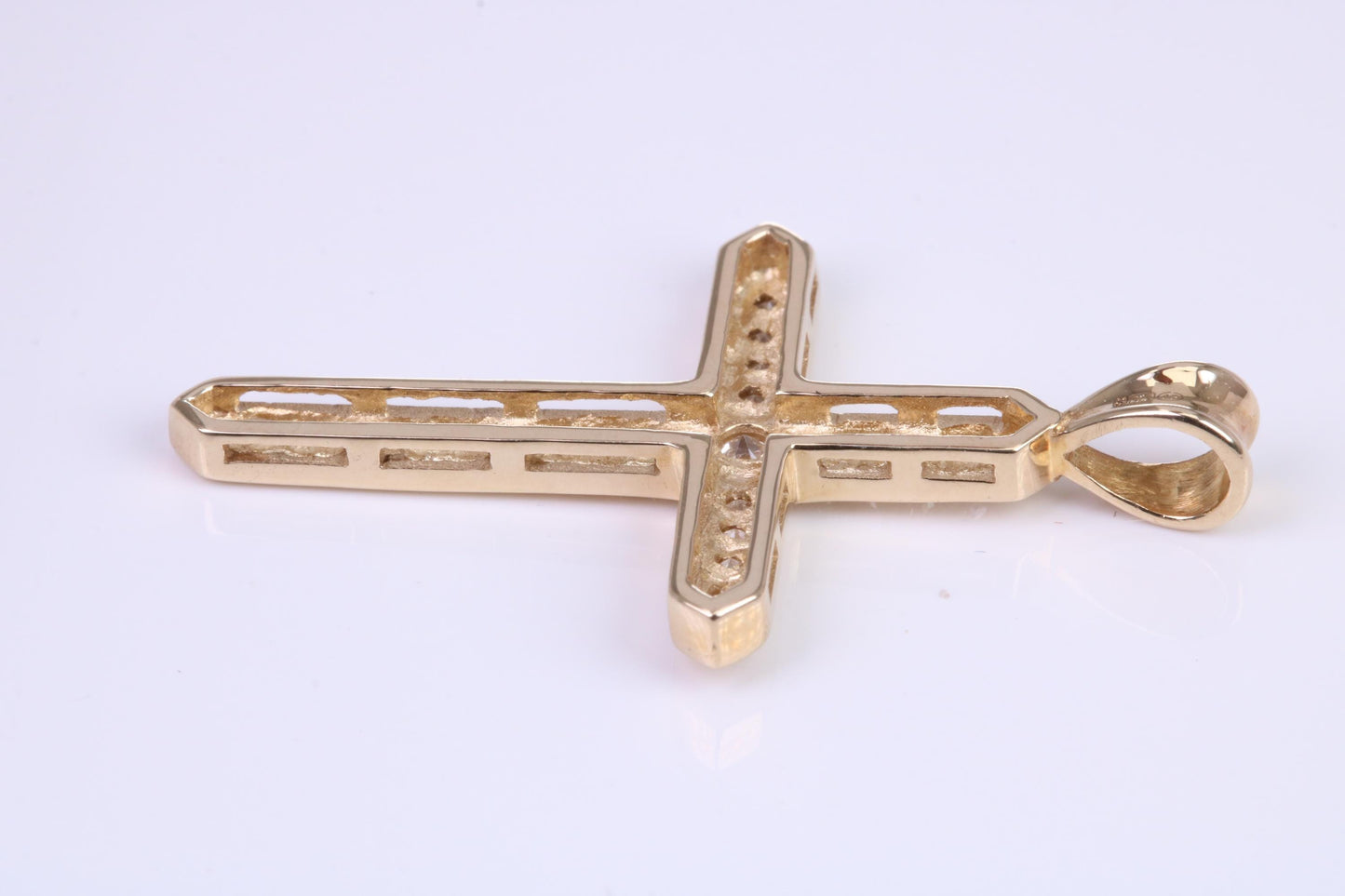 38 mm Long Yellow Gold Cubic Zirconia set Cross, British Hallmarked, Gold and Diamond Look