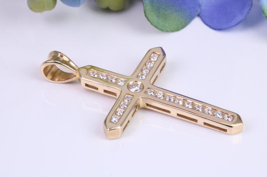 38 mm Long Yellow Gold Cubic Zirconia set Cross, British Hallmarked, Gold and Diamond Look
