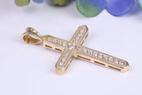 38 mm Long Yellow Gold Cubic Zirconia set Cross, British Hallmarked, Gold and Diamond Look
