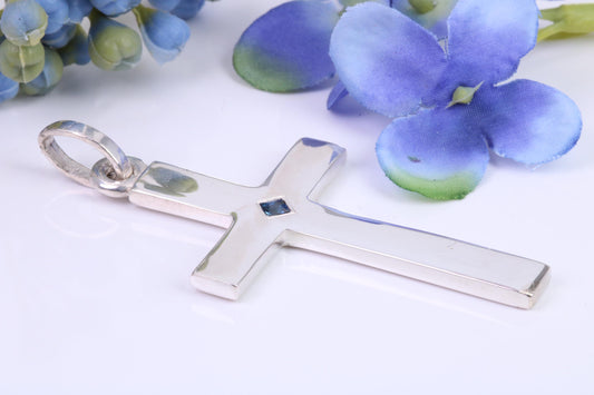 Very Large 60 mm Long Chunky Cross set with Natural Square cut Sapphire, Made From Solid Cast Silver, British Hallmarked