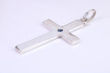 Very Large 60 mm Long Chunky Cross set with Natural Square cut Sapphire, Made From Solid Cast Silver, Complete with Belcher Chain