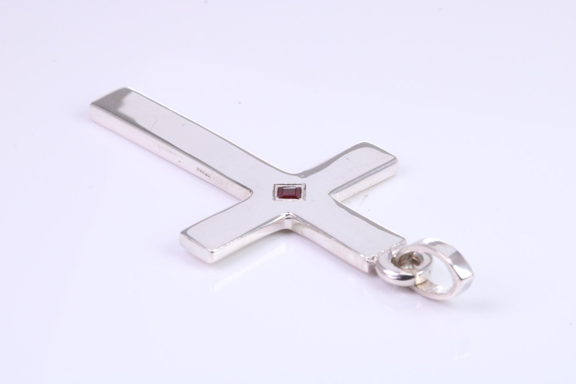 Very Large 60 mm Long Chunky Cross set with Natural Square cut Ruby, Made From Solid Cast Silver, British Hallmarked