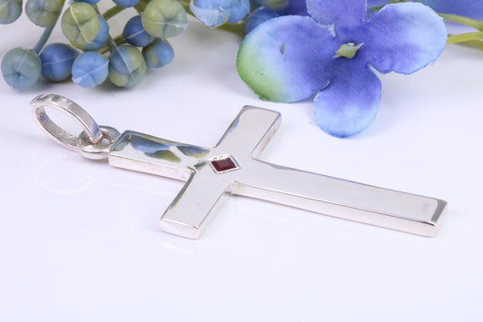 Very Large 60 mm Long Chunky Cross set with Natural Square cut Ruby, Made From Solid Cast Silver, British Hallmarked