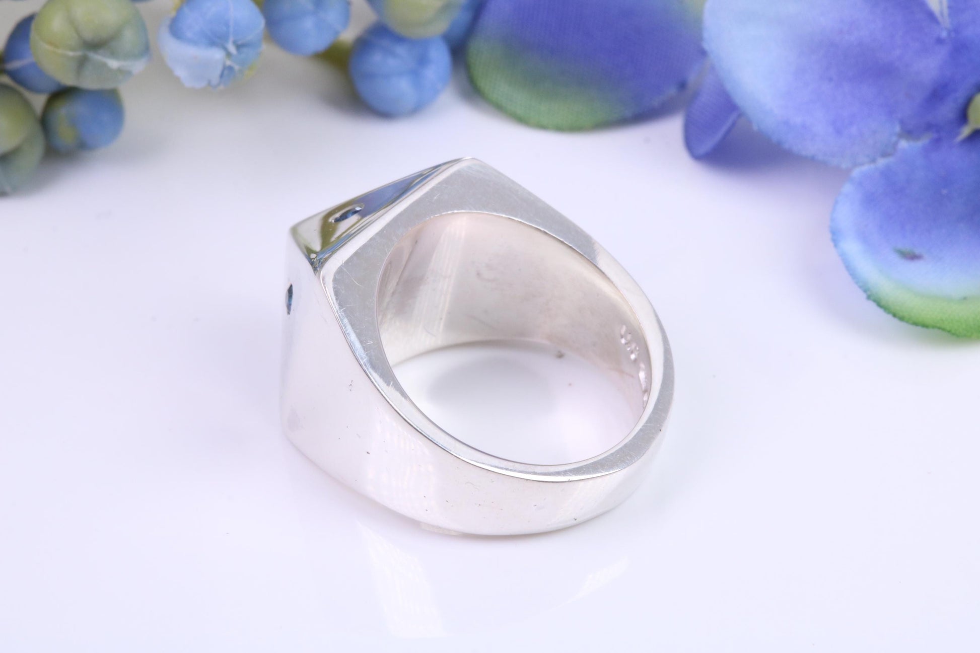 Blue Sapphire set Small and heavy Pyramid ring, made from solid cast silver, British Hallmarked