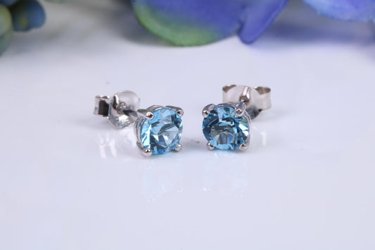 5 mm Round Blue Topaz Cubic Zirconia set Stud Earrings, Made from Solid Cast Sterling Silver