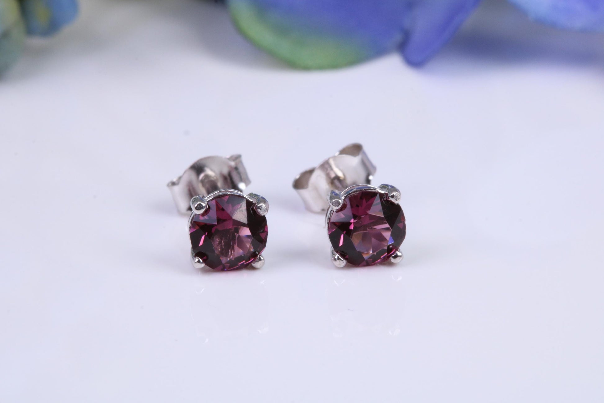 5 mm Round Hessonite Garnet Cubic Zirconia set Stud Earrings, Made from Solid Cast Sterling Silver