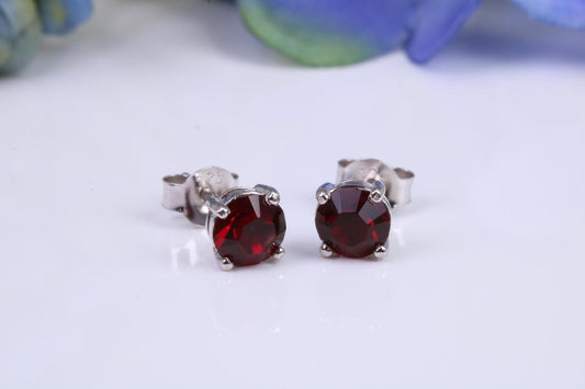 5 mm Round Garnet Cubic Zirconia set Stud Earrings, Made from Solid Cast Sterling Silver