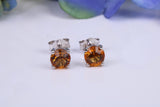 5 mm Round Citrine Cubic Zirconia set Stud Earrings, Made from Solid Cast Sterling Silver
