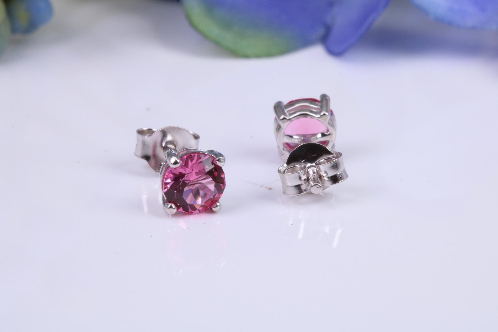 5 mm Round Pink Sapphire Cubic Zirconia set Stud Earrings, Made from Solid Cast Sterling Silver