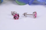 5 mm Round Pink Sapphire Cubic Zirconia set Stud Earrings, Made from Solid Cast Sterling Silver