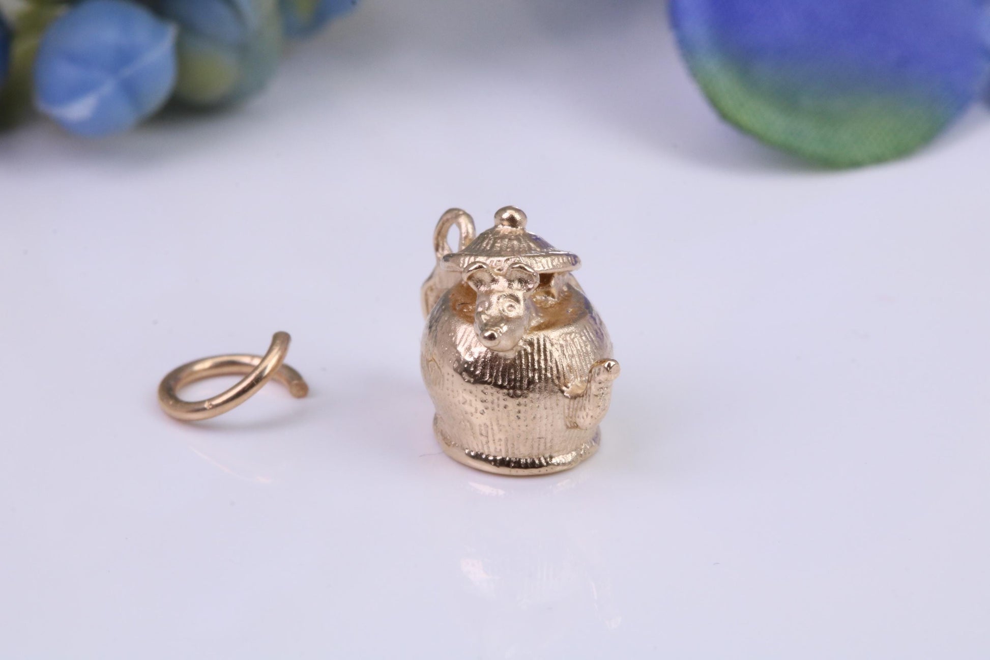 Mouse in Teapot Charm, Traditional Charm, Made From Solid Yellow Gold with British Hallmark, Complete with Attachment Link