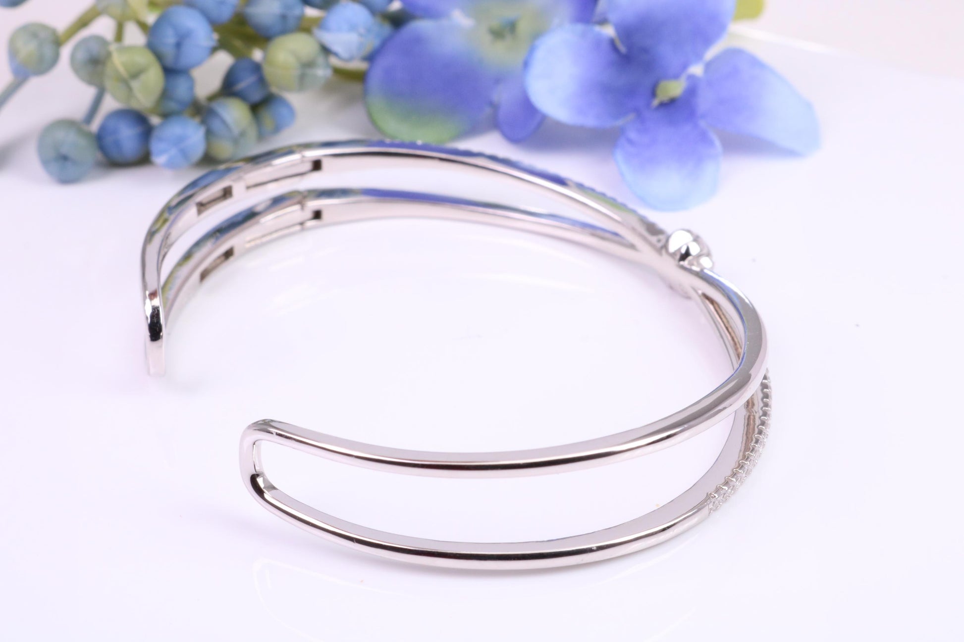 Oval Diamond White Cubic Zirconia set Solid Silver Open Ended Bangle