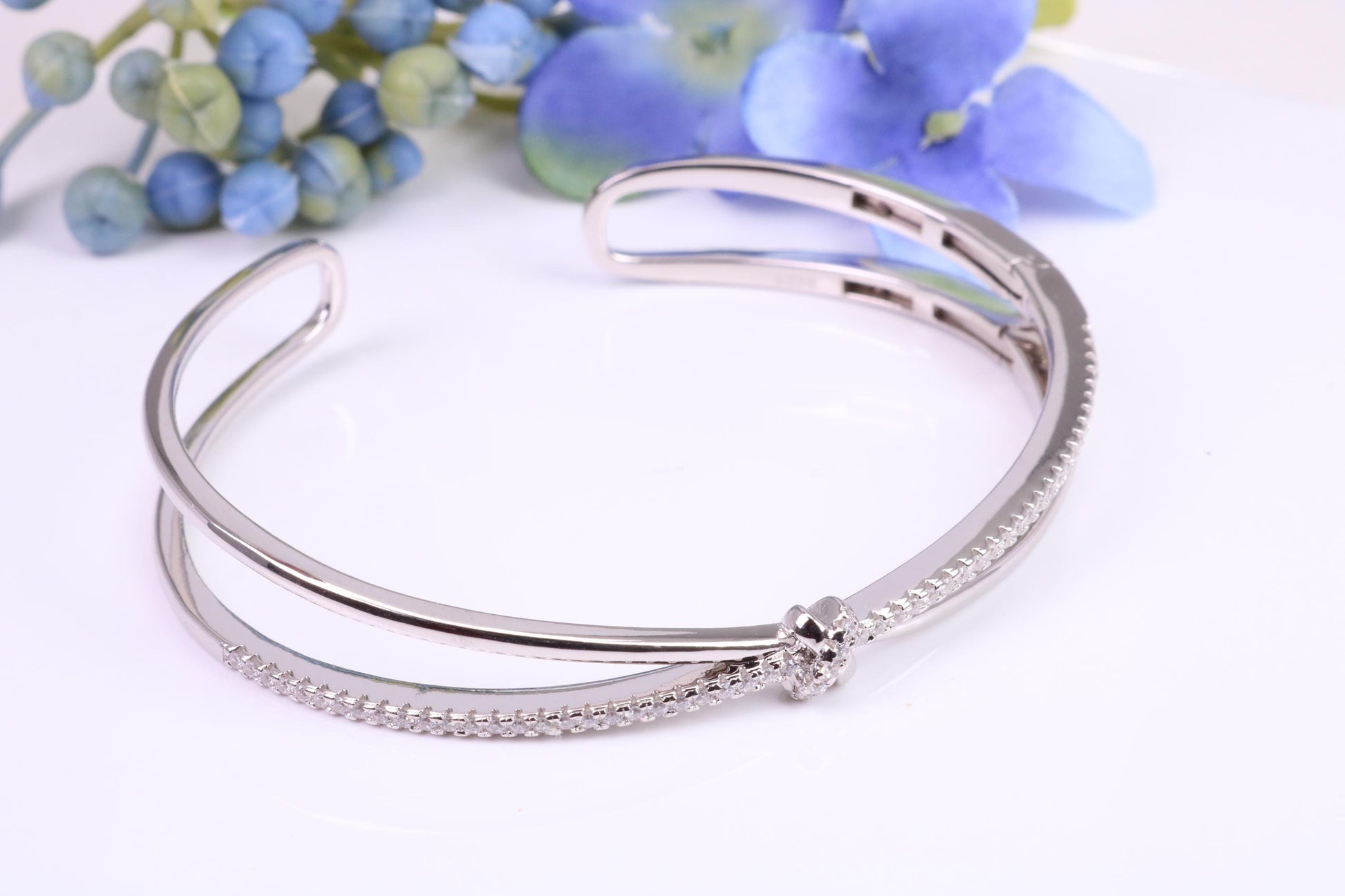 Oval Diamond White Cubic Zirconia set Solid Silver Open Ended Bangle