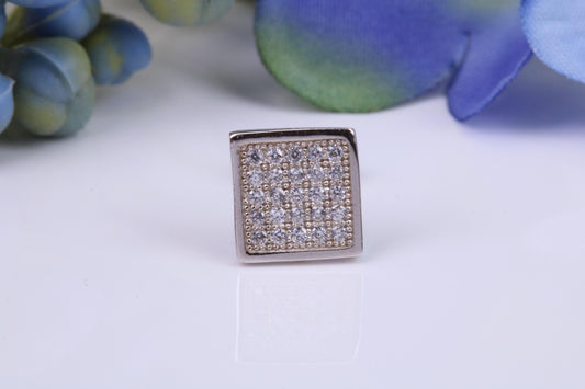 Mans Large 9 mm Square Diamond White Cubic Zirconia set Single Stud Earring, Made from Solid Cast Sterling Silver, Ideal for Gents
