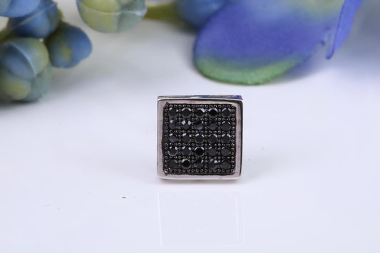 Mans Large 9 mm Square Black Diamond Cubic Zirconia set Single Stud Earring, Made from Solid Cast Sterling Silver, Ideal for Gents