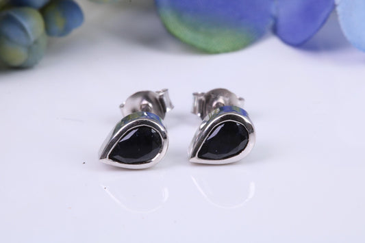 Black Teardrop cut Cubic Zirconia set Stud Earrings, Made from Solid Cast Sterling Silver