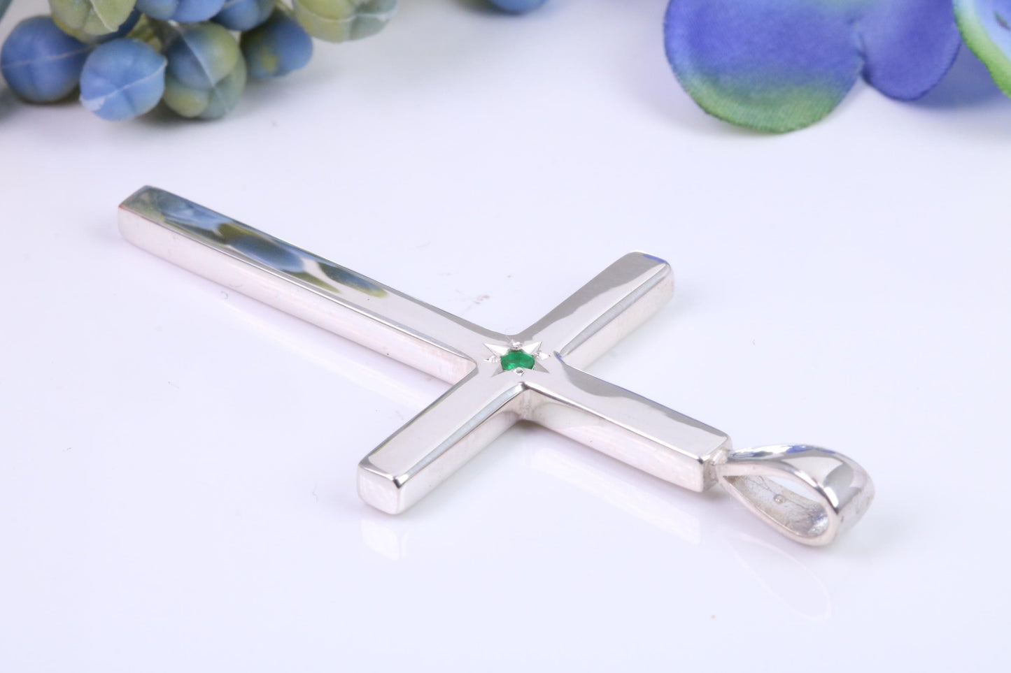 Natural Emerald set Very Large 50 mm Long Chunky Cross, High Polished Finish, Made From Solid Cast Silver, British Hallmarked