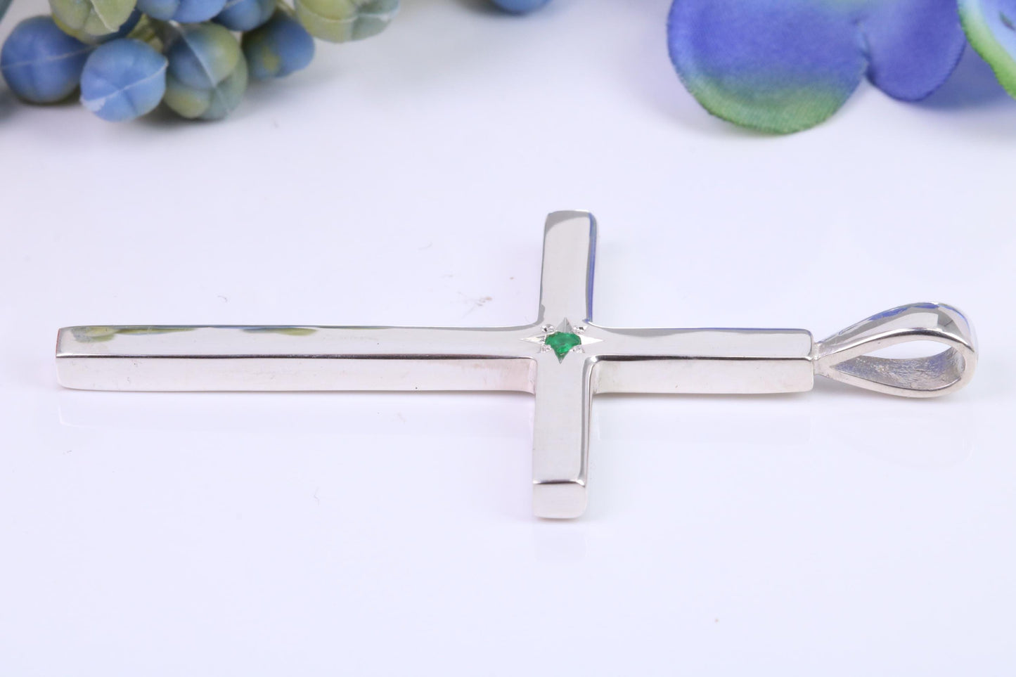Natural Emerald set Very Large 50 mm Long Chunky Cross, High Polished Finish, Made From Solid Cast Silver, British Hallmarked