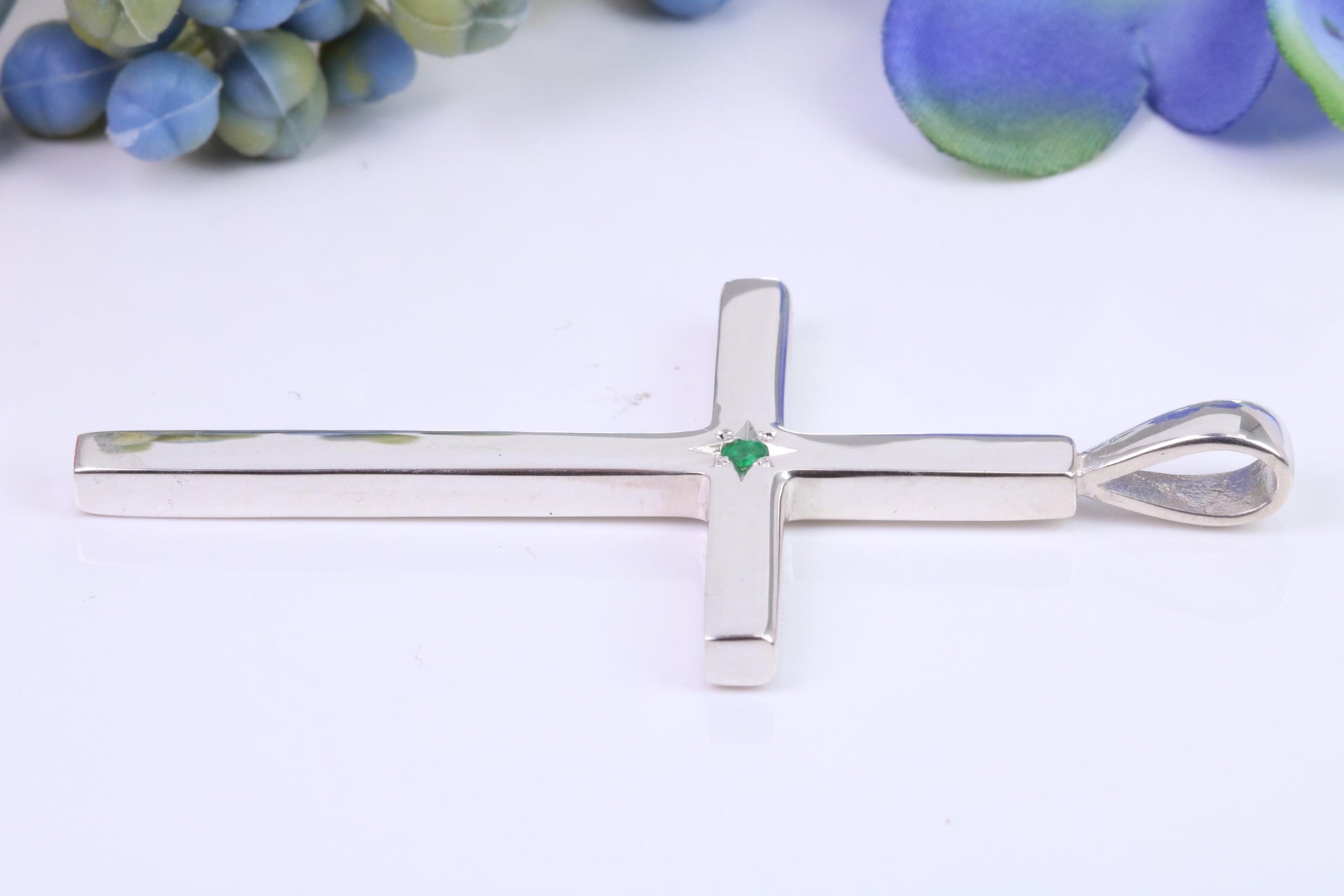 Natural Emerald set Very Large 50 mm Long Chunky Cross, High Polished Finish, Made From Solid Cast Silver, British Hallmarked