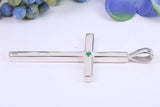 Natural Emerald set Very Large 50 mm Long Chunky Cross, Made From Solid Cast Silver, Complete with Silver Chain, British Hallmarked