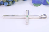 Natural Emerald set Very Large 50 mm Long Chunky Cross, Made From Solid Cast Silver, Complete with Silver Chain, British Hallmarked